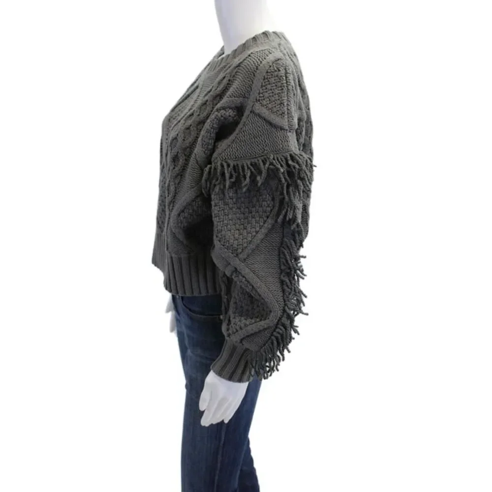 Line And Dot Womens 3/4 Sleeve Chunky Crochet Knit Fringe Sweater Gray Small